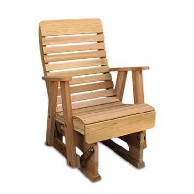 Front view of 2' Cedar Twin Ponds Rocking Glider, natural wood furniture from Western Red Cedar with high-back slats and stable gliding tracks for soothing motion.