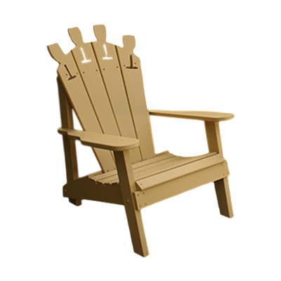 Front view of Cedar Wine Glass Adirondack Chair, wood outdoor furniture from Western Red Cedar with built-in wine glass holder and sloped back for convenient patio lounging.
