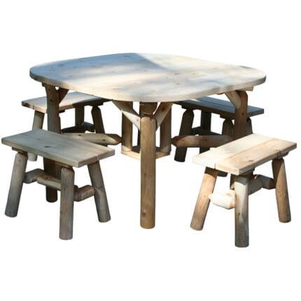 White cedar table with four matching benches