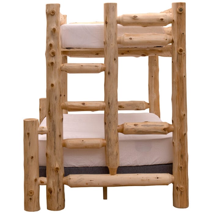 Close-up of natural cedar spindles on headboard