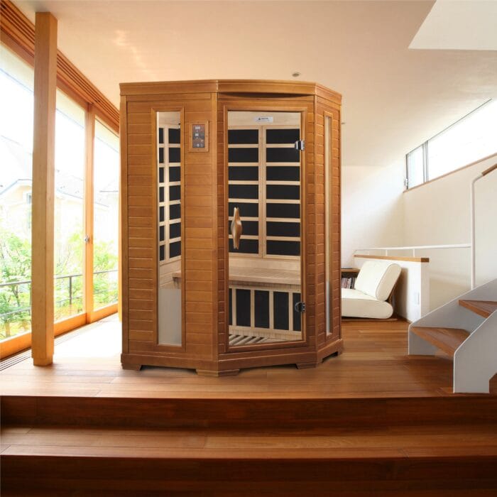 Bronze-tinted tempered glass door and side window view from exterior.