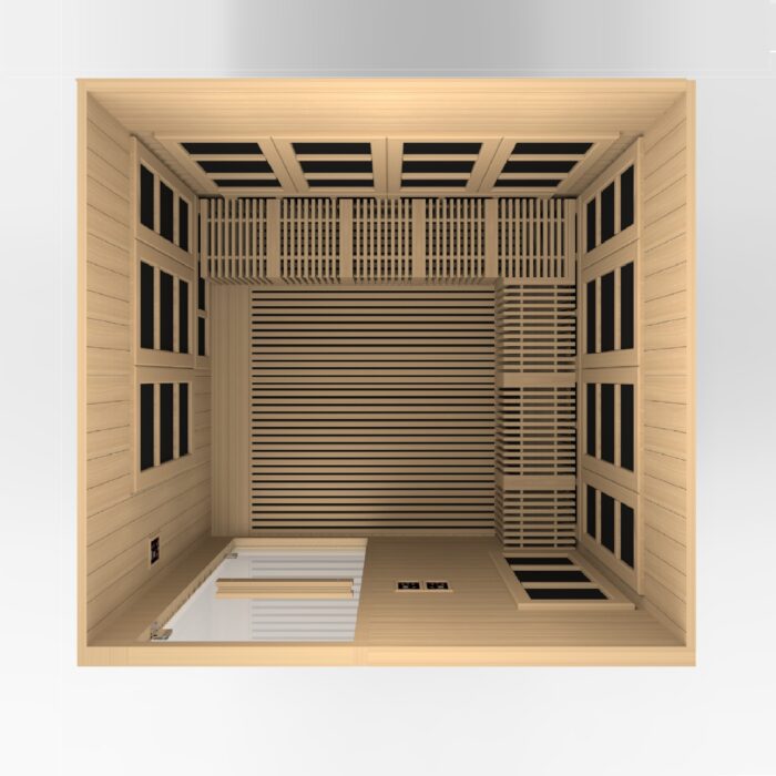Sauna dimensions diagram (87″×75″×87″ exterior).