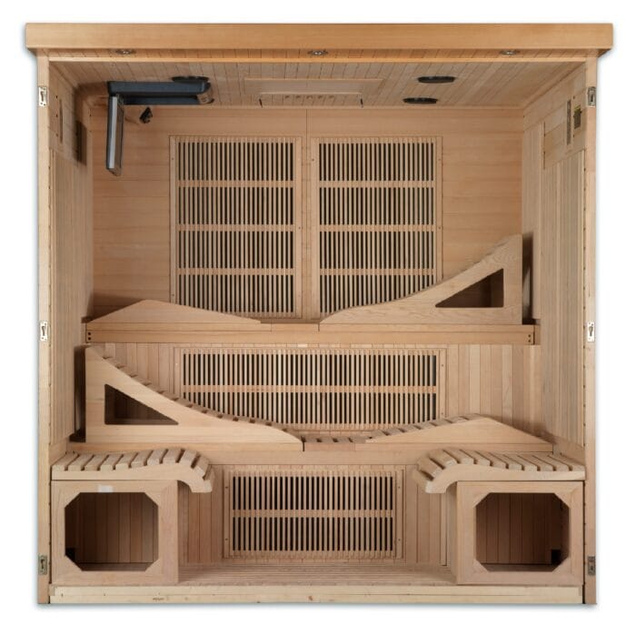 Touchscreen control panel mounted inside sauna.