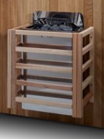 Harvia traditional sauna stove and control panel detail.