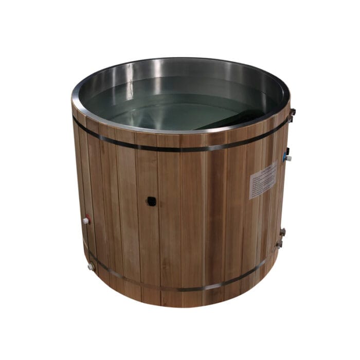 Built-in cedar step next to stainless steel plunge tub