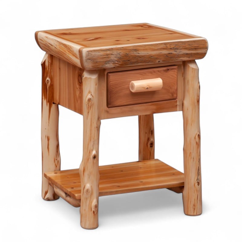 cedar log 1 drawer nightstand _ shelf _ mian pic 1-Photoroom Solid wood nightstand showing natural knots and grain