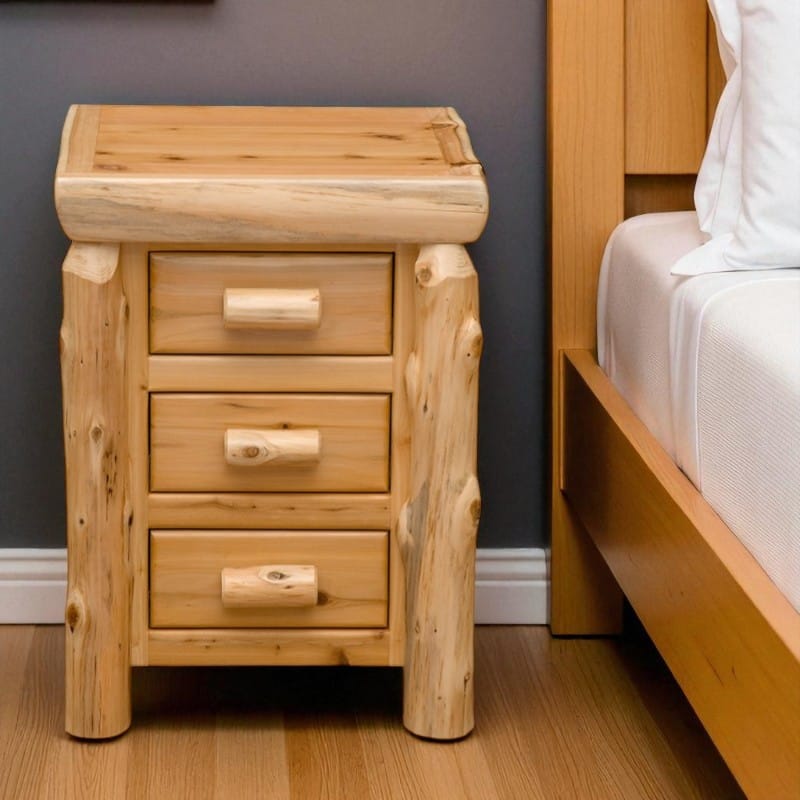 Cedar Log XL 3 Drawer Nightstand in rustic bedroom setting