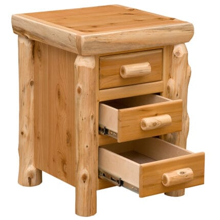Close-up of drawer fronts on 3 drawer nightstand