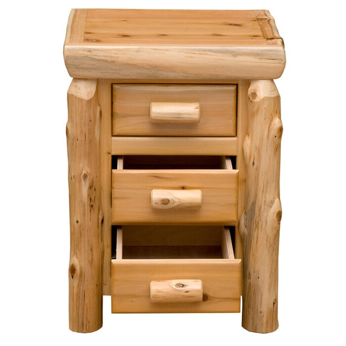 Rustic log nightstand in clear natural finish