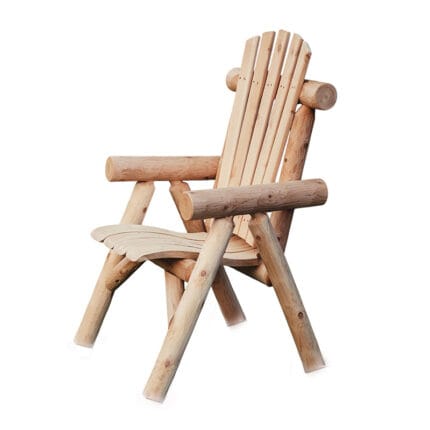 Handcrafted cedar log chair on patio