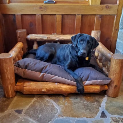 Rustic cedar log dog bed with included cushion
