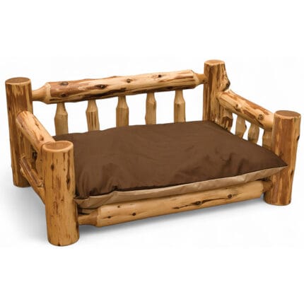 Cabin-style cedar log pet bed with mattress