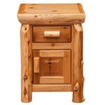 Cedar log nightstand with natural knots and grain detail