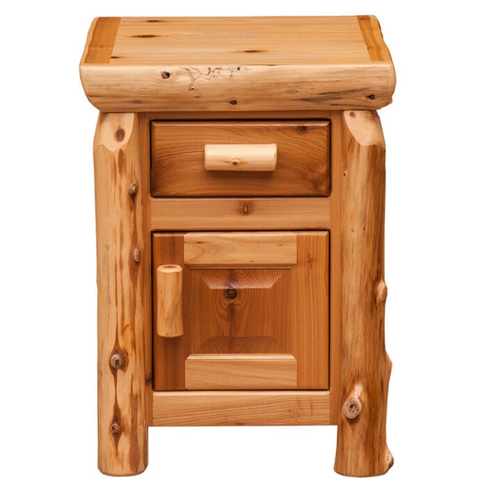 Cedar log nightstand with natural knots and grain detail