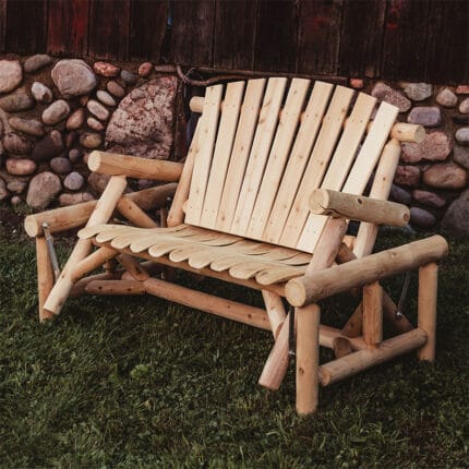 Cedar log glider bench front view