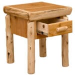 Lower shelf detail on rustic solid wood nightstand
