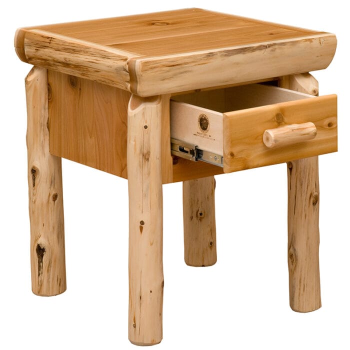 Lower shelf detail on rustic solid wood nightstand