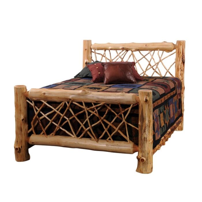 Rustic log bed frame shown with lodge-style bedding
