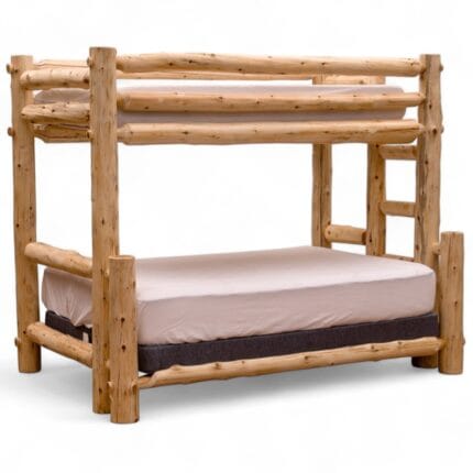 Rustic cedar log bunk bed in cabin-style guest room