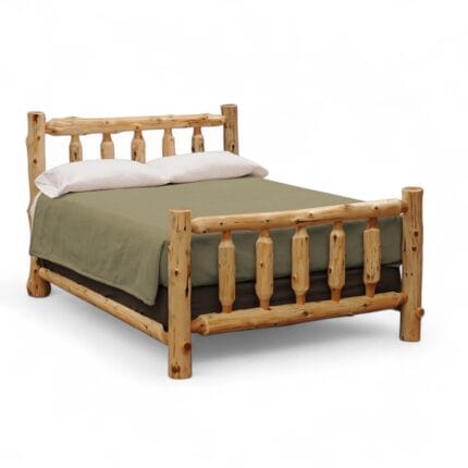 Handcrafted cedar log headboard with vertical spindles