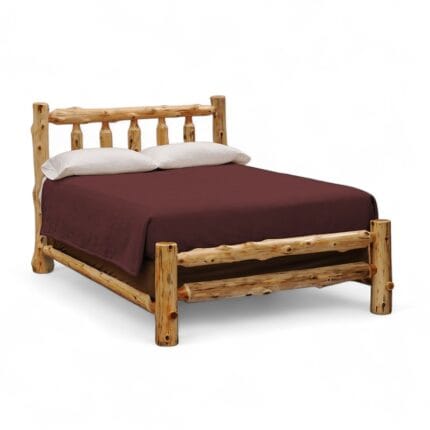 Handcrafted cedar log headboard with vertical spindles