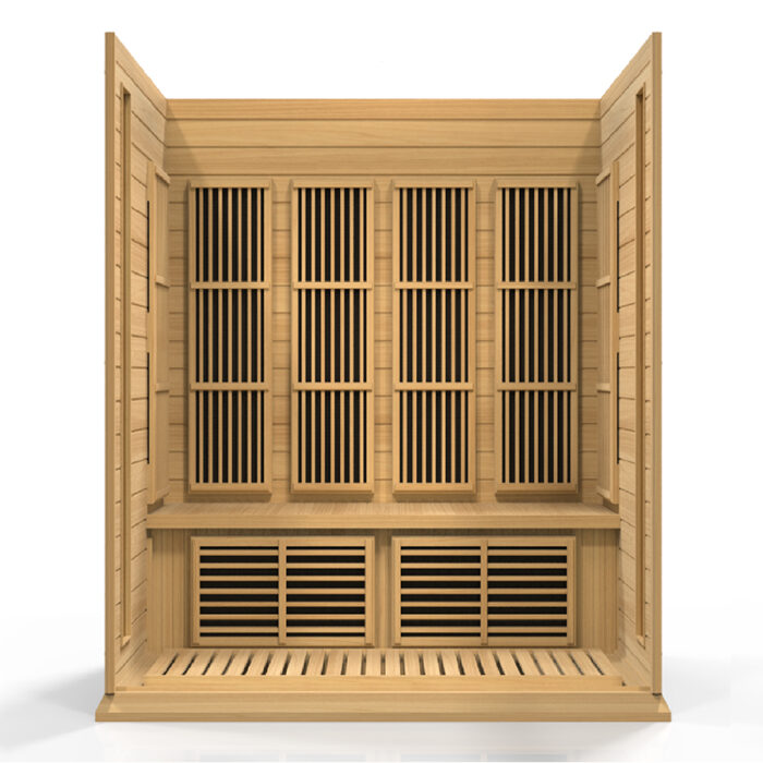 Oversized chromotherapy lights in cedar saunas with red light therapy