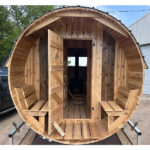 8 Person Barrel Sauna with Changing Room & Front Porch | Wood or Electric Sauna | 7' x 14' | Cedar Sense - Image 2