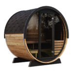 Full-glass front wall showcasing panoramic outdoor sauna view