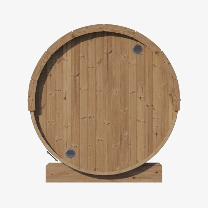 Outdoor barrel sauna with tempered glass front door and cedar finish