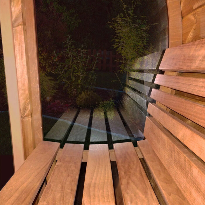 Scandinavian-style barrel sauna with tempered glass wall and insulated roof