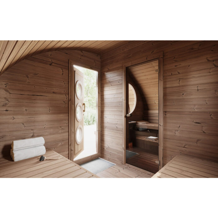 Hobbit sauna Model G11 overall dimensions diagram showing length, width, height, porch and sauna room layout