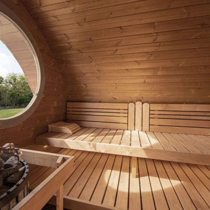 Hobbit sauna Model G11 detailed floorplan with benches, doors, windows and interior dimensions