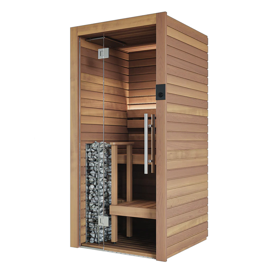 cala mini _ thermo _ main pic 1 Luxury 1-person indoor sauna with full glass front, Aspen or Thermo-Aspen finish, LED backrest lighting, and curated heater options.