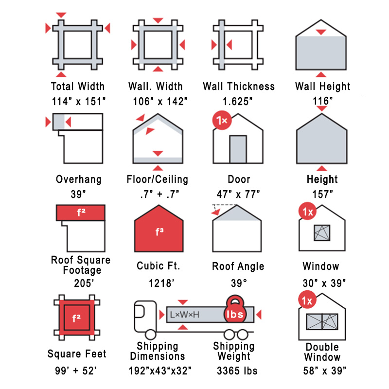 Expanded dimension drawing for The Hudson Bunkie log cabin kit style bunkie with loft