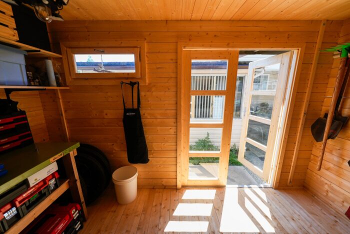Silver State Studio wood shed with medium stain finish